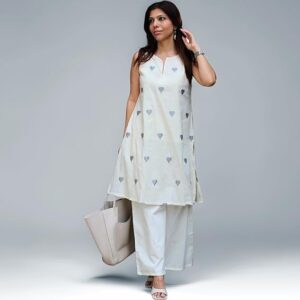 ANNI Designer Kurta Set for Women Cotton Blend Embroidered | Kurti Set for Woman | Farshi Salwar Suit Kurta Palazzo Outfit | Round Neck V Slit Sleeveless Regular Fit Ethnic Dress Stylish Clothing