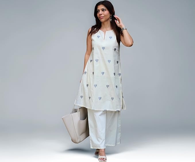ANNI Designer Kurta Set for Women Cotton Blend Embroidered | Kurti Set for Woman | Farshi Salwar Suit Kurta Palazzo Outfit | Round Neck V Slit Sleeveless Regular Fit Ethnic Dress Stylish Clothing