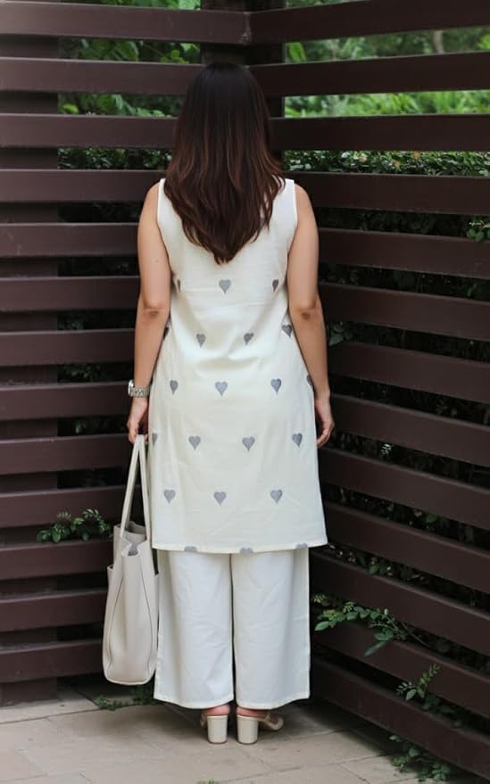 ANNI Designer Kurta Set for Women Cotton Blend Embroidered | Kurti Set for Woman | Farshi Salwar Suit Kurta Palazzo Outfit | Round Neck V Slit Sleeveless Regular Fit Ethnic Dress Stylish Clothing - Image 2