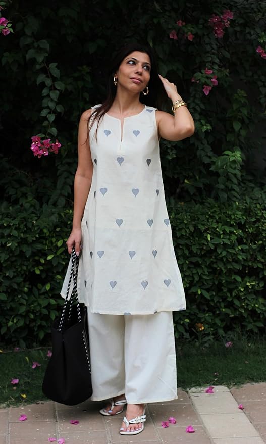 ANNI Designer Kurta Set for Women Cotton Blend Embroidered | Kurti Set for Woman | Farshi Salwar Suit Kurta Palazzo Outfit | Round Neck V Slit Sleeveless Regular Fit Ethnic Dress Stylish Clothing - Image 4